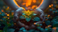 Hands gently cupping a glowing young plant in rich soil, surrounded by lush green leaves and warm bokeh lights at dusk.