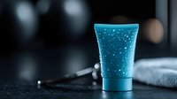 Turquoise cosmetic cream tube with water drops on dark background, luxury skincare product photography with bokeh effect and soft lighting.