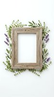 Wooden frame surrounded by fresh lavender, eucalyptus, and herb sprigs on white background. Suitable for botanical designs, wellness branding, and nature-themed layouts.