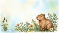 Watercolor capybara sitting among lush green plants and wildflowers near water, soft pastel background with copy space for cards and prints.