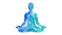 Silhouette of meditating person filled with blue and turquoise watercolor texture, isolated on white background for wellness, mindfulness, yoga, and meditation design projects.