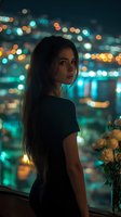 Young woman in black dress against night cityscape with bokeh lights and white roses, atmospheric evening portrait with turquoise and orange urban backdrop.