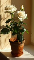 White roses in terracotta pot on windowsill with dramatic natural sunlight casting shadows. Green leaves and buds complement cream-colored blooms in warm interior setting.