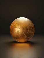 Glowing golden sphere with textured surface and mysterious illumination on dark background, creating dramatic lighting effect and reflection on glossy surface.