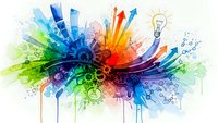 Colorful creative explosion with lightbulb, gears and arrows representing innovation, brainstorming and business growth on white background.