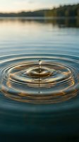 Water droplet creating ripples on calm lake surface at sunset with golden reflections and peaceful natural scenery in background for meditation concepts.