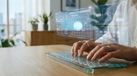Professional woman typing on futuristic holographic keyboard with digital interface displays in modern office workspace for technology and innovation concepts.