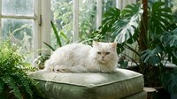 Fluffy white Persian cat resting on a green cushion surrounded by lush tropical houseplants near a bright sunlit window.