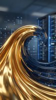 Golden liquid wave merges with digital circuit board design against blurred server room backdrop, representing data flow and technology innovation for business concepts.