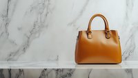 Elegant brown leather handbag on marble shelf against luxurious white marble wall background, minimalist fashion accessory composition for luxury retail display.