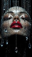 Glamorous face with red lips covered in silver glitter and crystal drops against dark background, dramatic fashion makeup with falling diamond teardrops.
