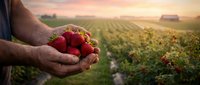 Farmer hands holding fresh ripe strawberries at sunset in agricultural field. Organic farming and harvest concept for healthy food production.