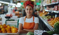 Mixed race female grocery store worker with red headscarf and orange apron standing confidently near fresh produce display. Friendly retail environment with fruits and vegetables.