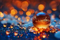 Crystal ball reflects golden sunset against dark blue background with magical bokeh lights creating dreamy atmosphere. Artistic macro photography.