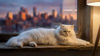 Fluffy white cat lounging on windowsill with blurred city skyline at sunset, perfect for pet, lifestyle, and home decor projects.