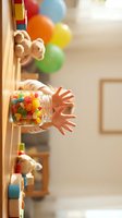 Child reaching for colorful candy jar on wooden shelf with balloons and toys in bright playroom interior for childhood memories and sweet treats concept.