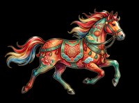 Ornate decorative horse with vibrant red, orange, and teal patterns, flowing mane and tail, isolated on transparent background. Ready for t-shirts, stickers, clipart, sublimation, and print-on-demand designs.