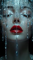 Close-up portrait with bright red lips and water drops streaming down, creating dramatic effect against dark background. Artistic beauty concept for cosmetic advertising.