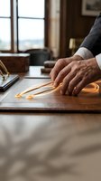 Professional businessman hand drawing glowing arrow on wooden desk in executive office environment for business growth and direction concepts.