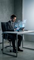 Caucasian male professional in dark business suit working on tablet at modern office desk with holographic financial icons and data visualization symbols floating above screen.