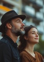 Middle-aged Caucasian man with beard wearing black hat and jacket stands close to young Asian woman in brown dress, both gazing upward with hopeful expressions.