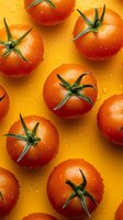 Fresh ripe red tomatoes with water drops on vibrant yellow background for healthy cooking and organic food concepts.