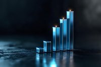 Glowing blue bar graph showing upward trend on dark textured surface with dramatic lighting and reflections, representing business growth and success.
