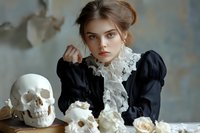 Young woman in vintage black dress with white lace collar posing with human skulls and roses on wooden table against textured wall background.