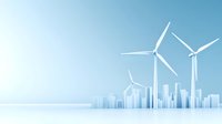 Modern white wind turbines against urban skyline on soft blue background showcasing sustainable energy and eco-friendly power generation in metropolitan setting.