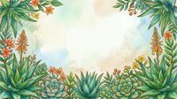 Watercolor botanical frame with succulents, aloe vera, and wildflowers on a soft pastel background with copy space in the center.