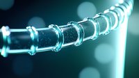 Glowing futuristic glass tube segments connected in curved line with luminescent blue light effects against dark background with bokeh elements.