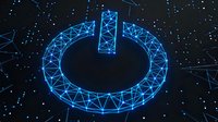 Glowing blue power button icon with geometric wireframe design on dark digital background with connected network nodes and particles.