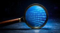 Digital forensics investigation concept with magnifying glass revealing binary code data on dark blue technology background for cybersecurity analysis.
