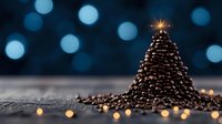 Coffee beans arranged in shape of Christmas tree with glowing star on top against dark blue bokeh background with scattered fairy lights creating festive mood.