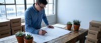 Young professional man in glasses and blue shirt planning office relocation with documents and recycled cardboard boxes in modern workspace.