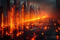 Abstract digital technology background with glowing orange light trails and particles, perfect for business innovation and data visualization concepts.