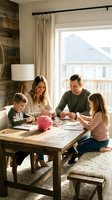 Happy Caucasian family of four counting coins and bills at wooden dining table with pink piggy bank in cozy modern home interior.