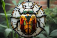 Stained glass beetle artwork in round frame featuring metallic green, gold and amber colors against white opalescent background, decorative insect suncatcher design.