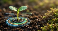 Young green seedling emerging from rich soil with futuristic holographic data circles displaying growth analytics and environmental monitoring information.