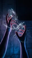 Hands reaching toward futuristic holographic interface with glowing digital elements and data visualization in cyberpunk atmosphere for tech innovation concepts.