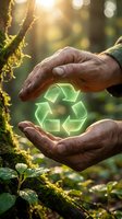 Senior hands protecting glowing green recycling symbol in natural forest environment representing environmental conservation and sustainable living practices.