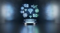 Futuristic holographic display projecting digital communication icons including email, wifi, and connectivity symbols above glowing platform in tech environment.