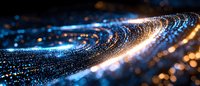 Abstract digital wave of glowing blue and gold particles flowing in curved motion against dark background, creating futuristic technology visualization.