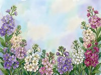 Watercolor floral border with purple, white, and pink blooms on soft pastel background, copy space for text or greeting card design.