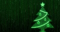 Digital Christmas tree made of green matrix code with ornaments and star on dark background for holiday tech designs and cyber celebrations.