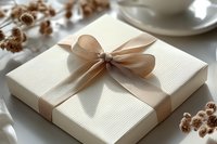 Elegant white gift box wrapped with beige satin ribbon bow on light surface with dried flowers, creating soft romantic mood for special occasions and celebrations.