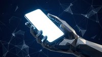 Futuristic robotic hand holding smartphone with blank white screen against dark blue digital network background with connected dots and lines.