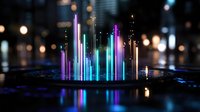 Glowing neon light pillars rising from reflective surface against dark urban background with bokeh lights create futuristic cityscape atmosphere.