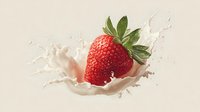 Fresh ripe strawberry splashing into creamy white milk with dynamic droplets and crown splash effect on neutral beige background for food advertising.