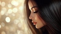 Young Asian woman with long dark hair in profile against golden bokeh background, closed eyes and serene expression showing natural beauty and wellness.